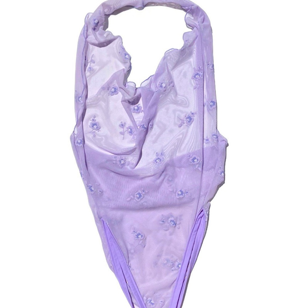 Lilac cowlneck sheer body suit (S-M)